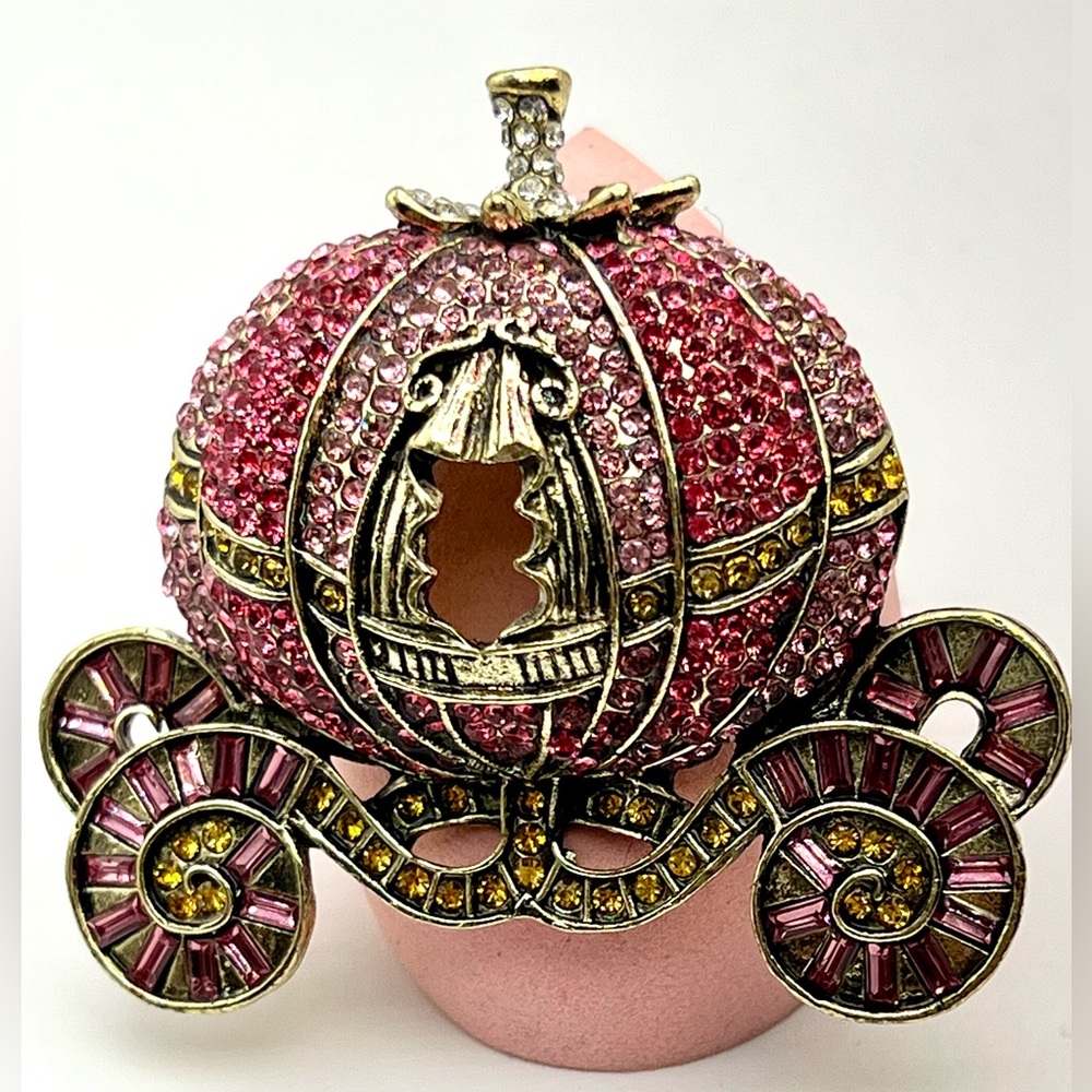 Pink “Cinderella Carriage” Brooch in Antiqued Brass